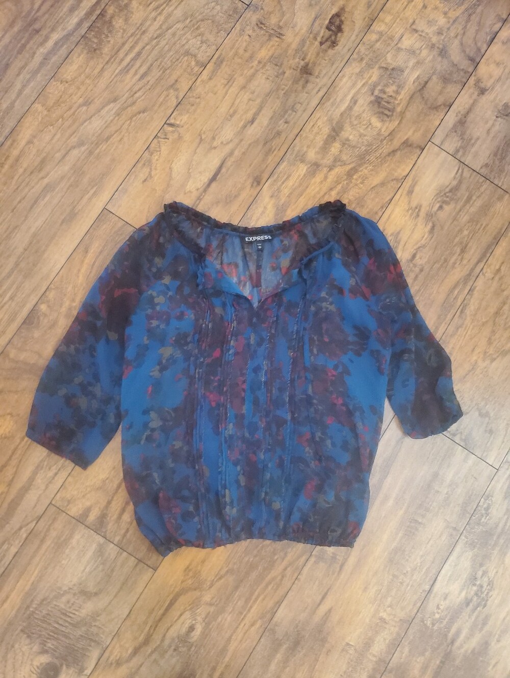 Express XS Blue Floral Sheer Tie Neck Peasant Blouse